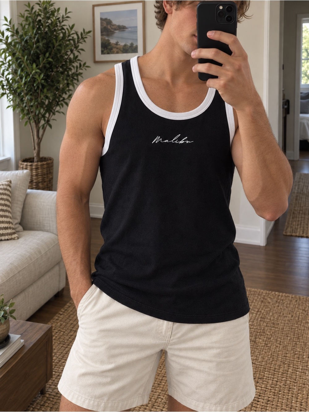 JJ Malibu Men’s Black White Trim Ribbed Tank Top Size M